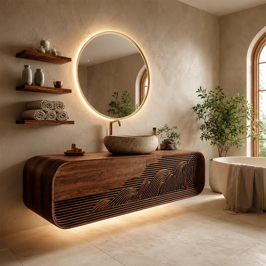 Floating Solid Wood Bathroom Vanity with Mountain Relief Front Design - Livewoodcraft