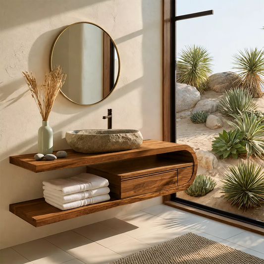 Floating Solid Wood Bathroom Vanity With Open Shelf And Rounded Drawer Storage - Livewoodcraft