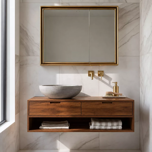Floating Solid Wood Bathroom Vanity With Open Towel Shelf And Hidden Drawer Storage - Livewoodcraft