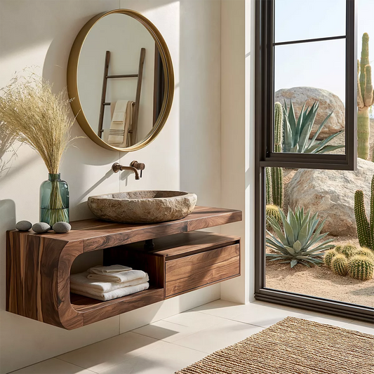 Floating Solid Wood Bathroom Vanity With Rounded Open Shelf And Floating Drawer Storage - Livewoodcraft
