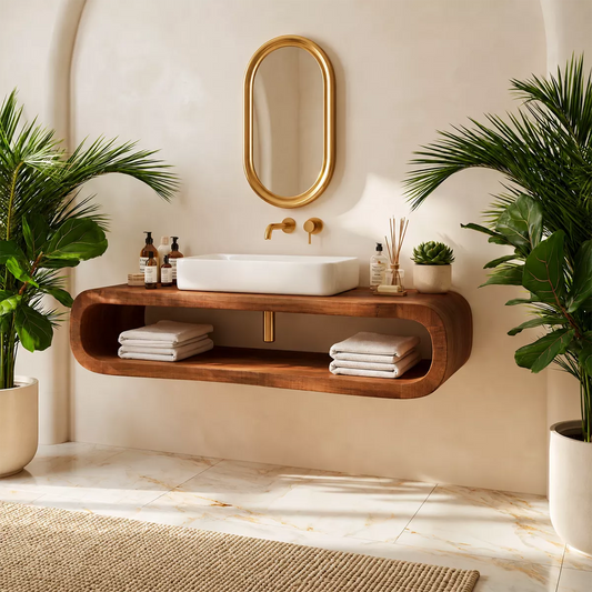 Floating Solid Wood Bathroom Vanity With Rounded Open Shelf And Natural Wood Grain - Livewoodcraft - 8048