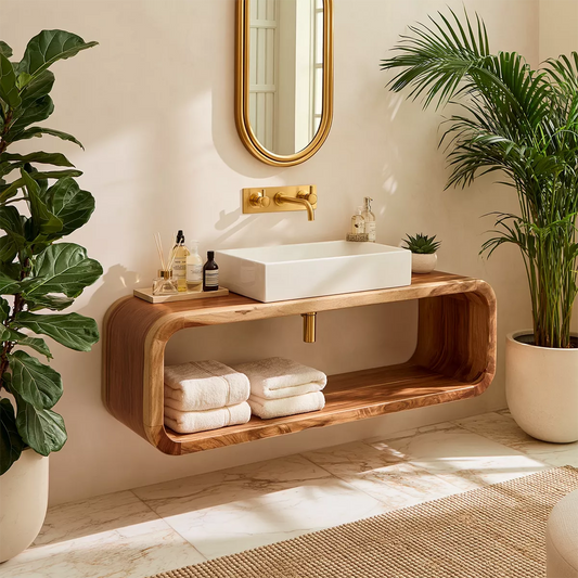 Floating Solid Wood Bathroom Vanity With Rounded Open Shelf And Natural Wood Grain - Livewoodcraft