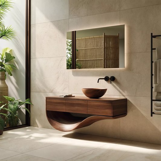 Floating Solid Wood Bathroom Vanity With Sculptural Curved Base And Hidden Drawer Storage - Livewoodcraft