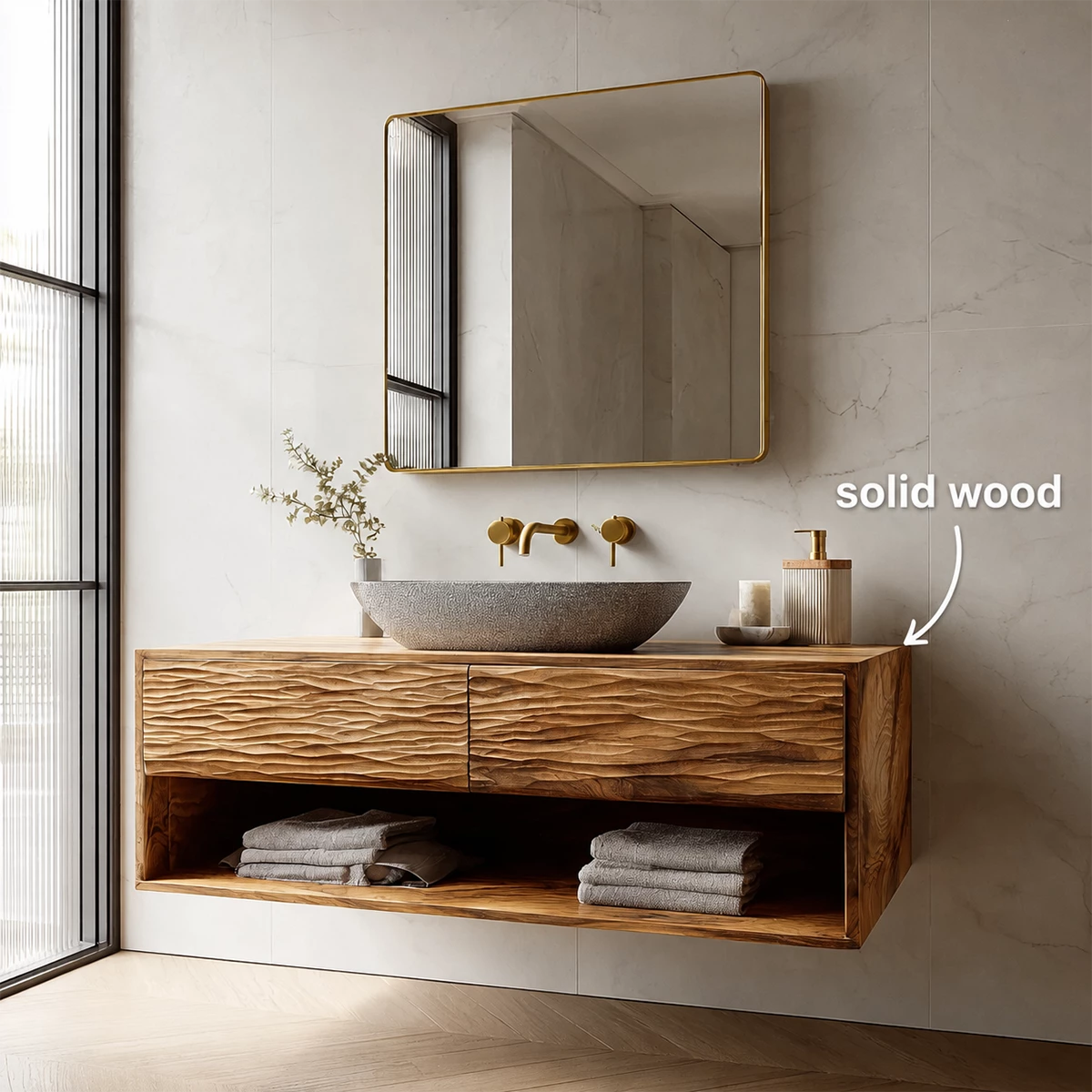 Floating Solid Wood Bathroom Vanity with Textured Front & Open Shelf Storage - Livewoodcraft - 10
