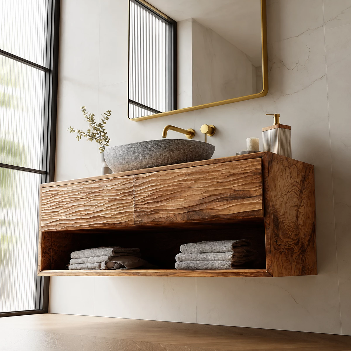 Floating Solid Wood Bathroom Vanity with Textured Front & Open Shelf Storage - Livewoodcraft - 2