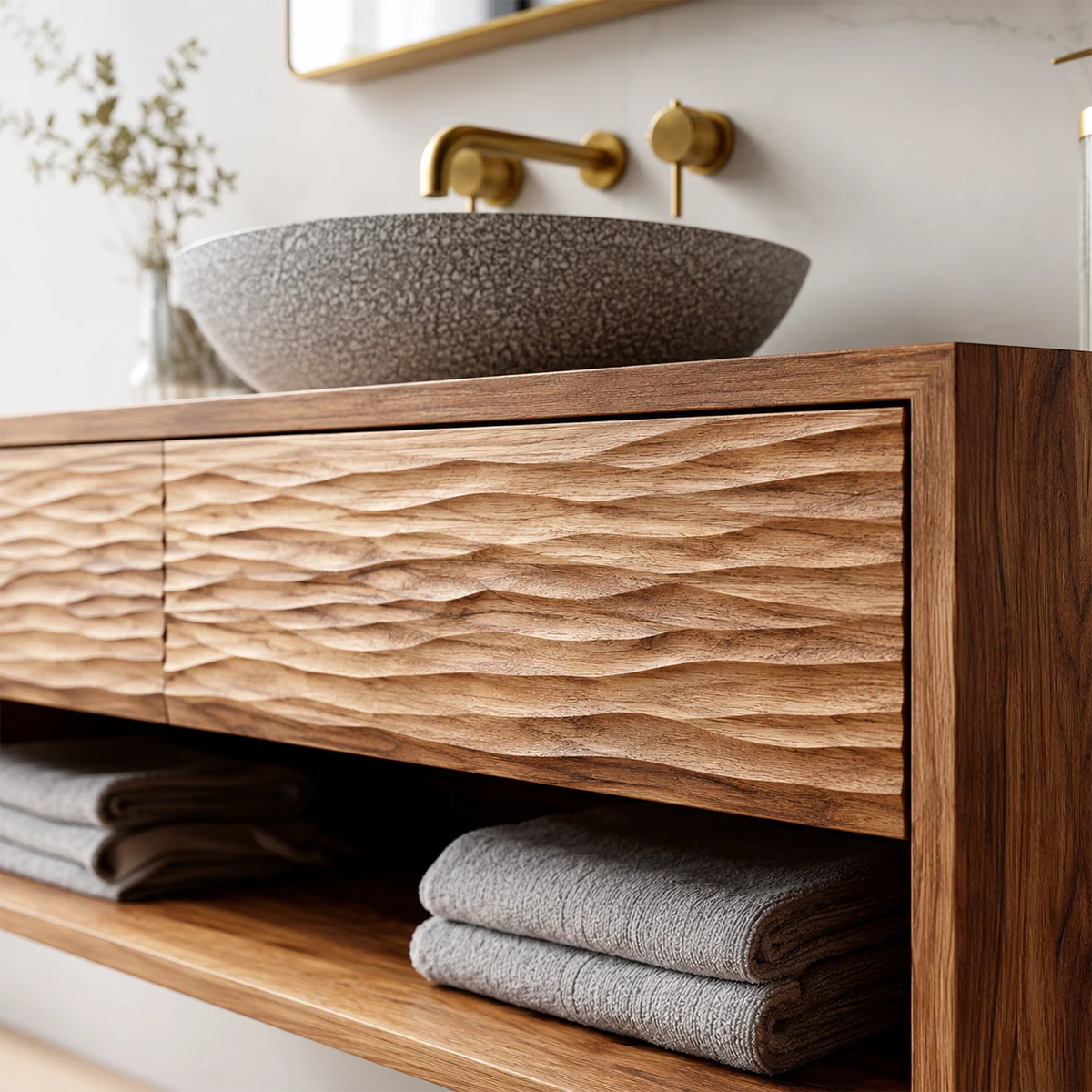 Floating Solid Wood Bathroom Vanity with Textured Front & Open Shelf Storage - Livewoodcraft - 3