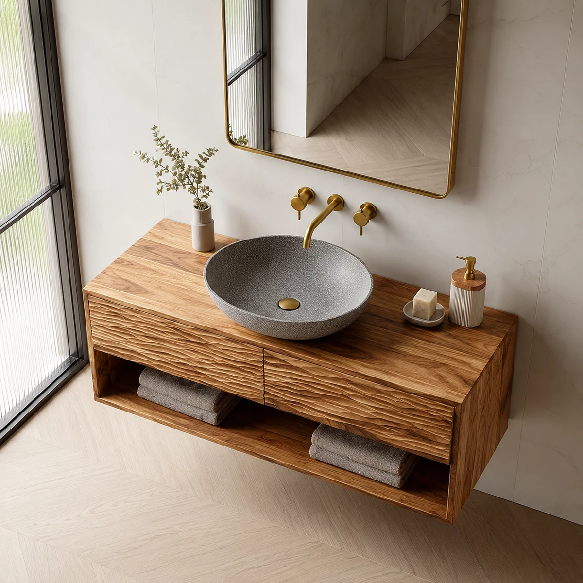 Floating Solid Wood Bathroom Vanity with Textured Front & Open Shelf Storage - Livewoodcraft - 4