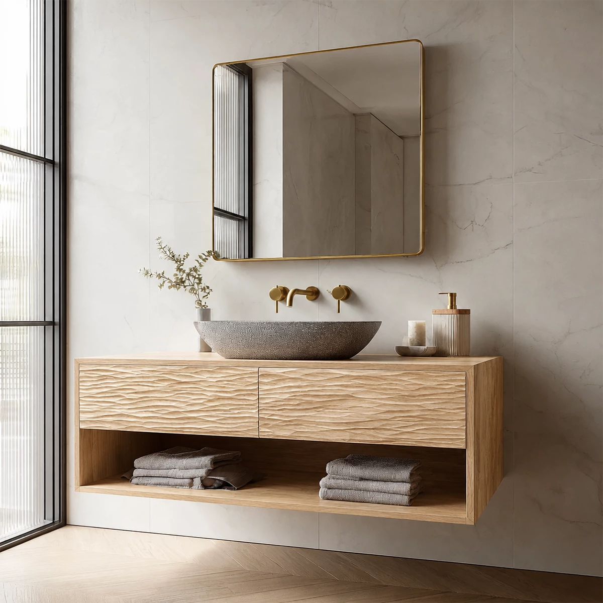 Floating Solid Wood Bathroom Vanity with Textured Front & Open Shelf Storage - Livewoodcraft - 5