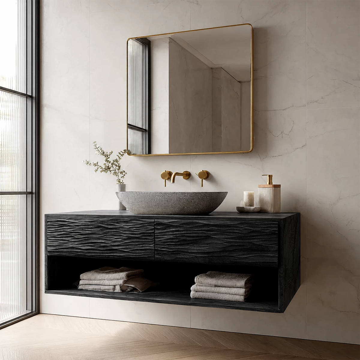 Floating Solid Wood Bathroom Vanity with Textured Front & Open Shelf Storage - Livewoodcraft - 6