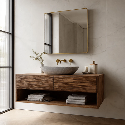 Floating Solid Wood Bathroom Vanity with Textured Front & Open Shelf Storage - Livewoodcraft - 7