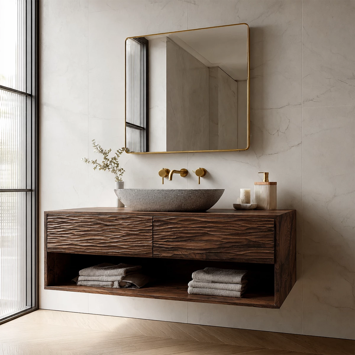 Floating Solid Wood Bathroom Vanity with Textured Front & Open Shelf Storage - Livewoodcraft - 8