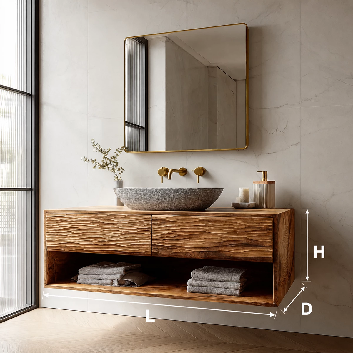 Floating Solid Wood Bathroom Vanity with Textured Front & Open Shelf Storage - Livewoodcraft - 9