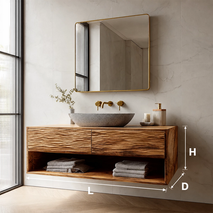 Floating Solid Wood Bathroom Vanity with Textured Front & Open Shelf Storage - Livewoodcraft - 9