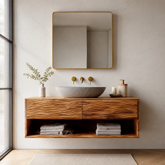 Floating Solid Wood Bathroom Vanity with Textured Front & Open Shelf Storage - Livewoodcraft