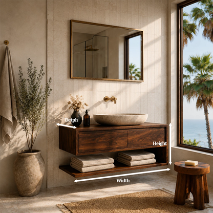 Floating Solid Wood Bathroom Vanity With Vessel Sink & Open Towel Shelf - Livewoodcraft - 10