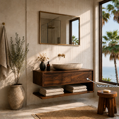 Floating Solid Wood Bathroom Vanity With Vessel Sink & Open Towel Shelf - Livewoodcraft - 11