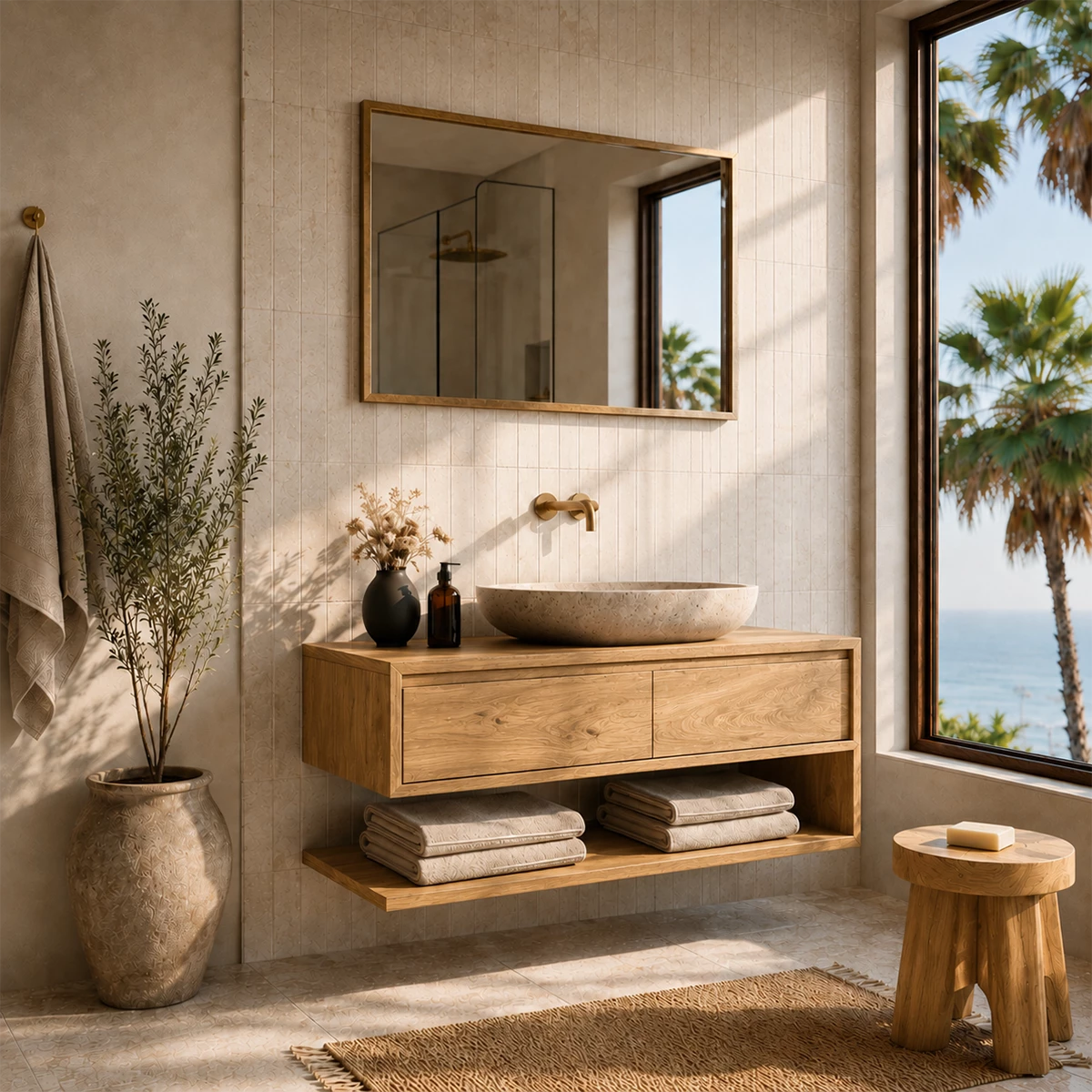 Floating Solid Wood Bathroom Vanity With Vessel Sink & Open Towel Shelf - Livewoodcraft - 2