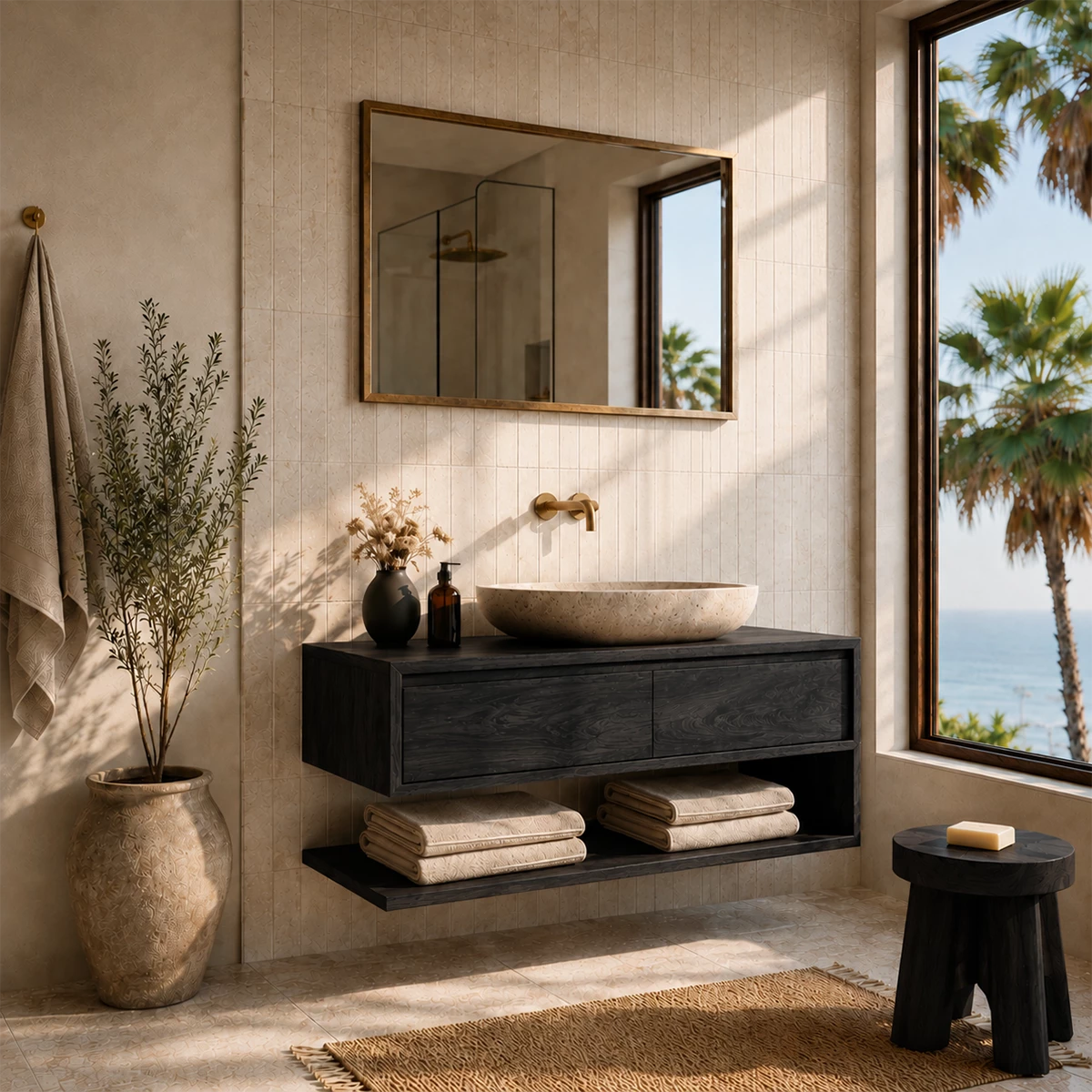 Floating Solid Wood Bathroom Vanity With Vessel Sink & Open Towel Shelf - Livewoodcraft - 3