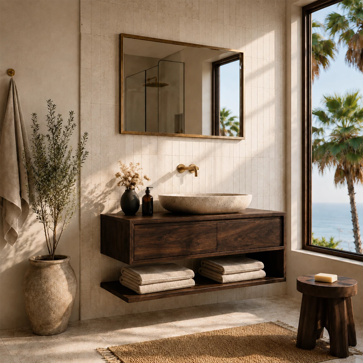 Floating Solid Wood Bathroom Vanity With Vessel Sink & Open Towel Shelf - Livewoodcraft - 4