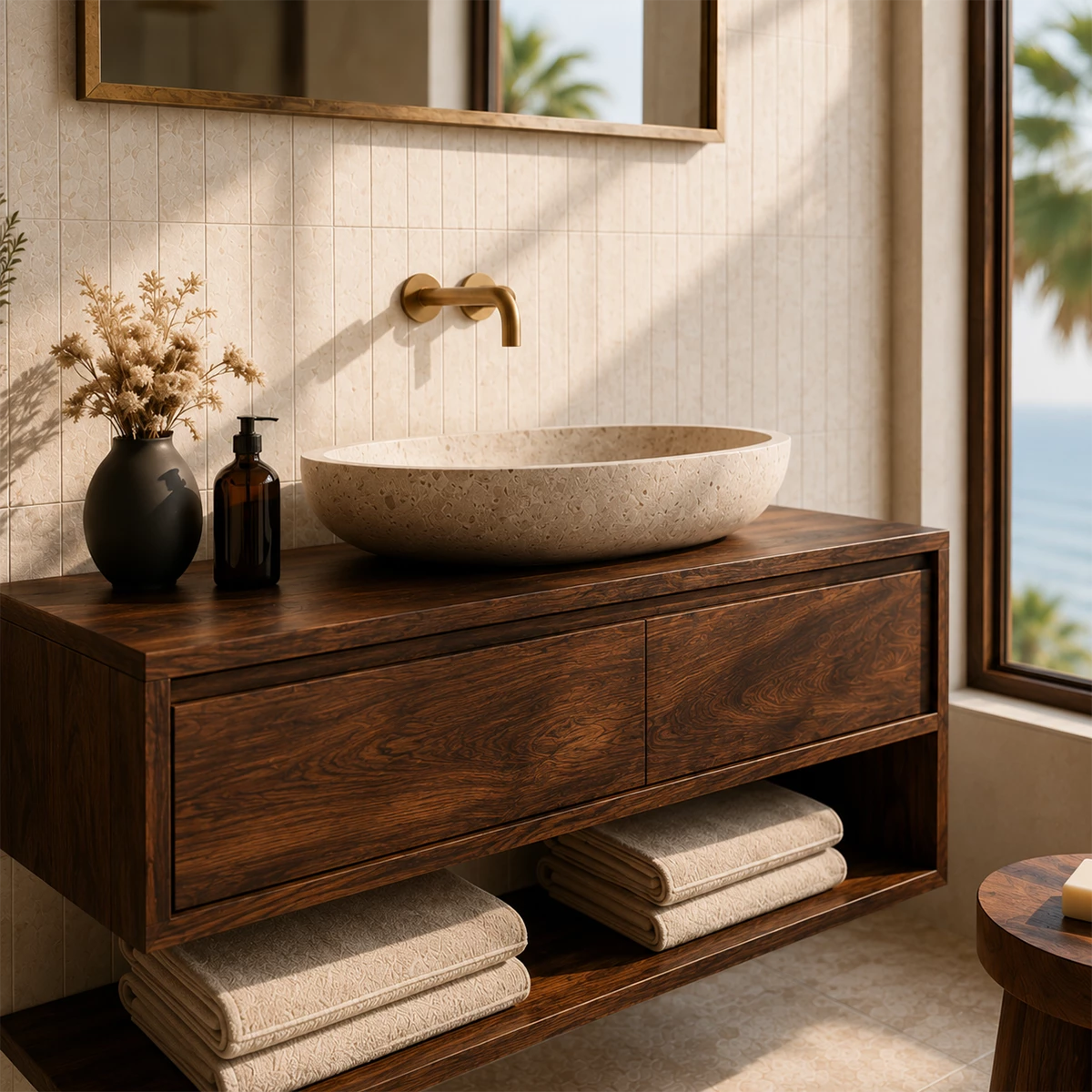 Floating Solid Wood Bathroom Vanity With Vessel Sink & Open Towel Shelf - Livewoodcraft - 5