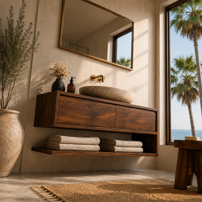 Floating Solid Wood Bathroom Vanity With Vessel Sink & Open Towel Shelf - Livewoodcraft - 6