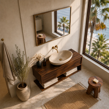 Floating Solid Wood Bathroom Vanity With Vessel Sink & Open Towel Shelf - Livewoodcraft - 7