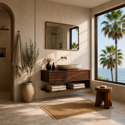 Floating Solid Wood Bathroom Vanity With Vessel Sink & Open Towel Shelf - Livewoodcraft - 8