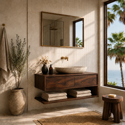 Floating Solid Wood Bathroom Vanity With Vessel Sink & Open Towel Shelf - Livewoodcraft - 9