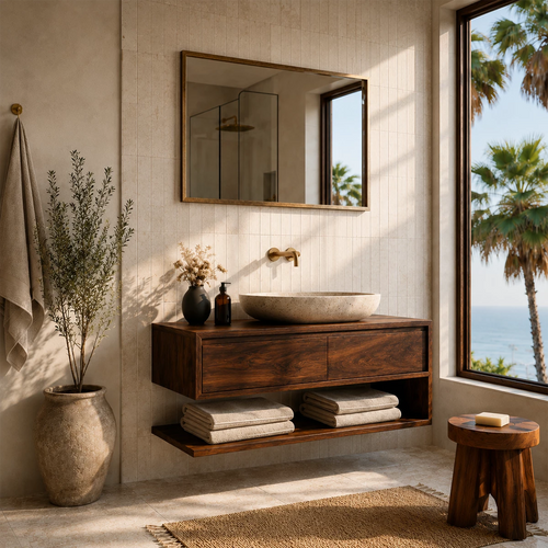 Floating Solid Wood Bathroom Vanity With Vessel Sink & Open Towel Shelf - Livewoodcraft