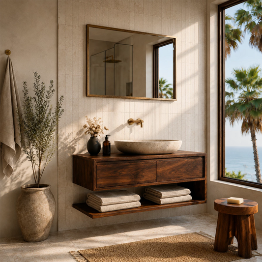 Floating Solid Wood Bathroom Vanity With Vessel Sink & Open Towel Shelf - Livewoodcraft
