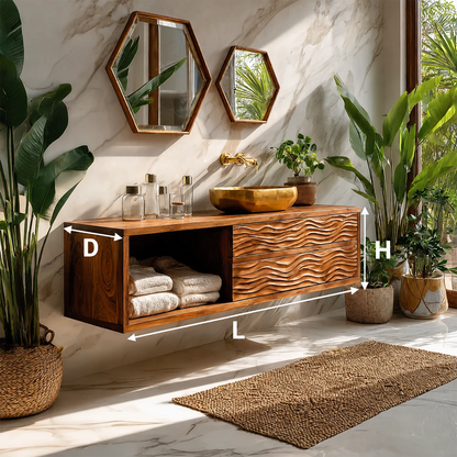 Floating Solid Wood Bathroom Vanity with Wave Carved Drawers and Open Shelf - Livewoodcraft - 10