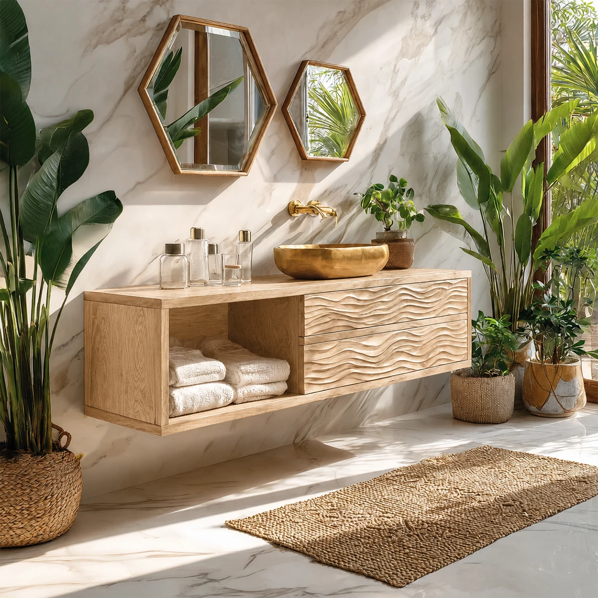 Floating Solid Wood Bathroom Vanity with Wave Carved Drawers and Open Shelf - Livewoodcraft - 2