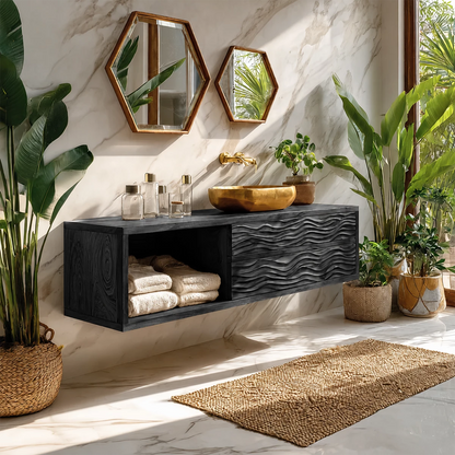 Floating Solid Wood Bathroom Vanity with Wave Carved Drawers and Open Shelf - Livewoodcraft - 3