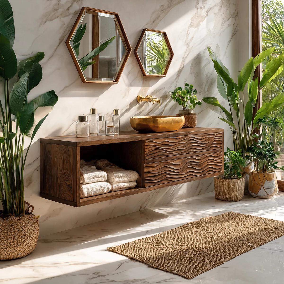 Floating Solid Wood Bathroom Vanity with Wave Carved Drawers and Open Shelf - Livewoodcraft - 4