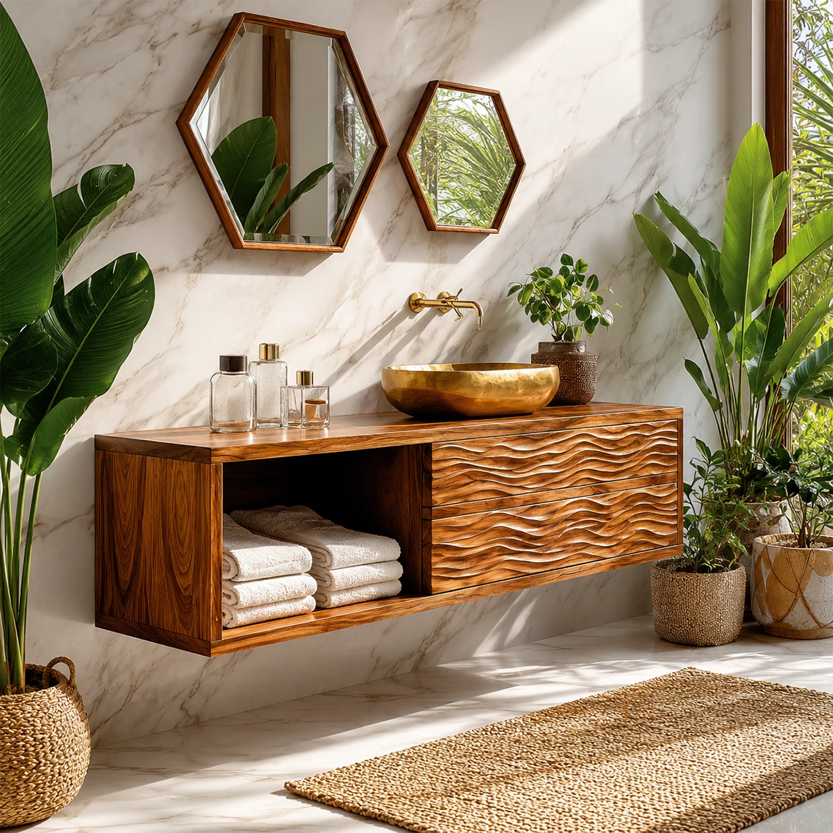Floating Solid Wood Bathroom Vanity with Wave Carved Drawers and Open Shelf - Livewoodcraft - 5