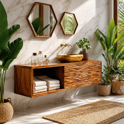 Floating Solid Wood Bathroom Vanity with Wave Carved Drawers and Open Shelf - Livewoodcraft - 5