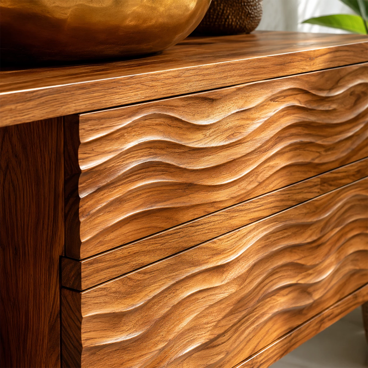 Floating Solid Wood Bathroom Vanity with Wave Carved Drawers and Open Shelf - Livewoodcraft - 6