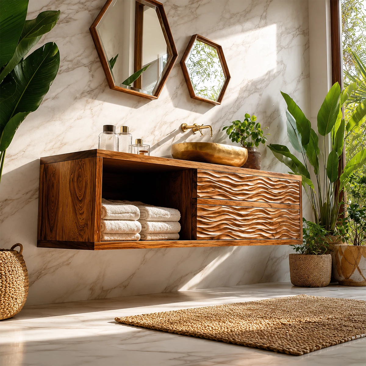 Floating Solid Wood Bathroom Vanity with Wave Carved Drawers and Open Shelf - Livewoodcraft - 7