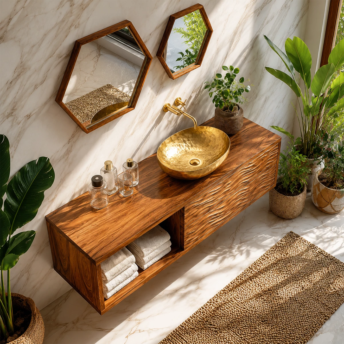 Floating Solid Wood Bathroom Vanity with Wave Carved Drawers and Open Shelf - Livewoodcraft - 8