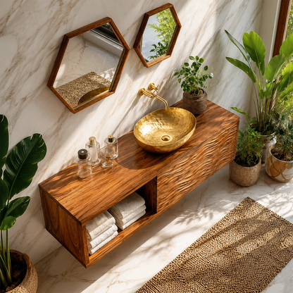 Floating Solid Wood Bathroom Vanity with Wave Carved Drawers and Open Shelf - Livewoodcraft - 8