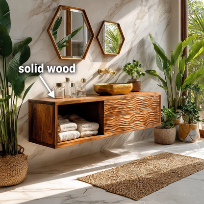 Floating Solid Wood Bathroom Vanity with Wave Carved Drawers and Open Shelf - Livewoodcraft - 9
