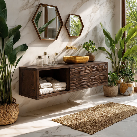 Floating Solid Wood Bathroom Vanity with Wave Carved Drawers and Open Shelf - Livewoodcraft