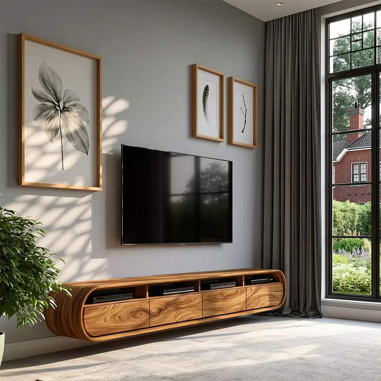 Floating Solid Wood TV Stand With Rounded Capsule Frame For Living Room - Livewoodcraft