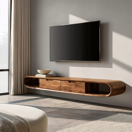 Floating Solid Wood TV Stand With Rounded Capsule Frame, Open Side Storage And Hidden Drawers For Living Room - Livewoodcraft