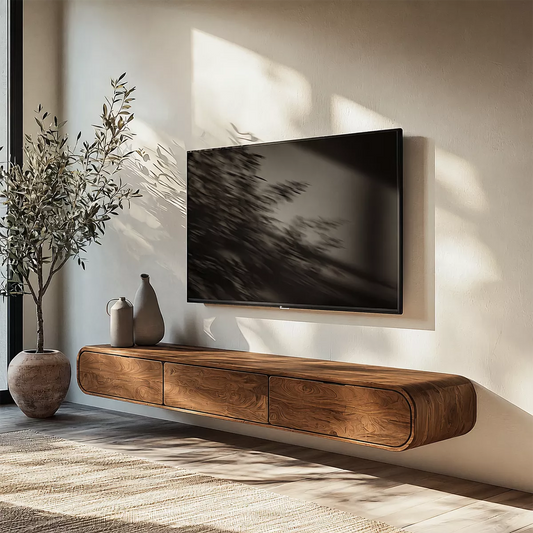 Floating Solid Wood TV Stand With Rounded Edges And Hidden Drawer Storage For Living Room - Livewoodcraft