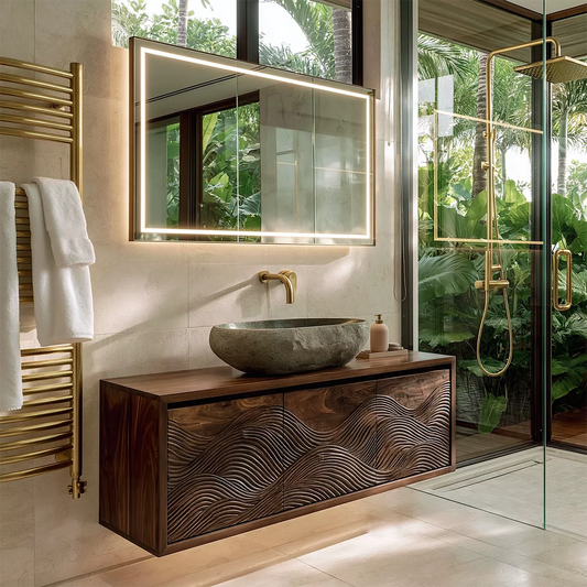 Floating Walnut Wood Bathroom Vanity With Carved Wave Front And Hidden Cabinet Storage - Livewoodcraft - 4960