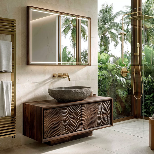 Floating Walnut Wood Bathroom Vanity With Carved Wave Front And Hidden Cabinet Storage - Livewoodcraft