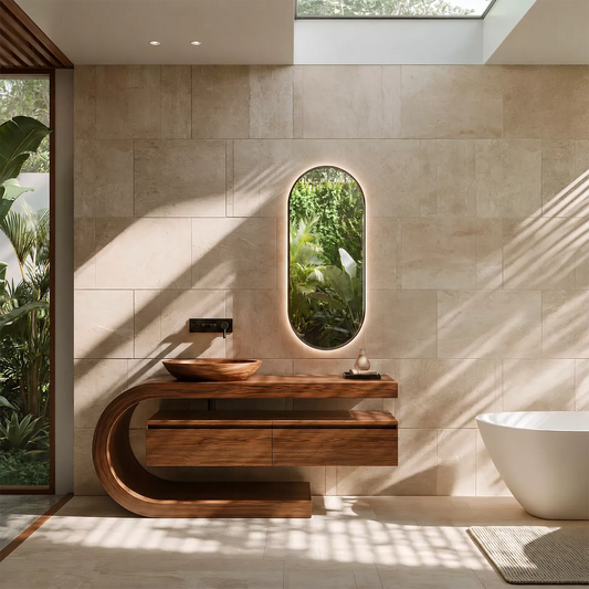 Floating Walnut Wood Bathroom Vanity With Curved C Frame And Hidden Drawer Storage - Livewoodcraft