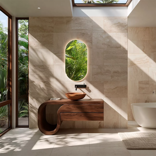 Floating Walnut Wood Bathroom Vanity With Curved U Frame And Hidden Drawer Storage - Livewoodcraft