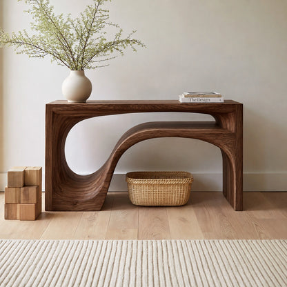 Flow Arch Natural Solid Wood Console Table with Open Storage Shelf - Livewoodcraft - 2